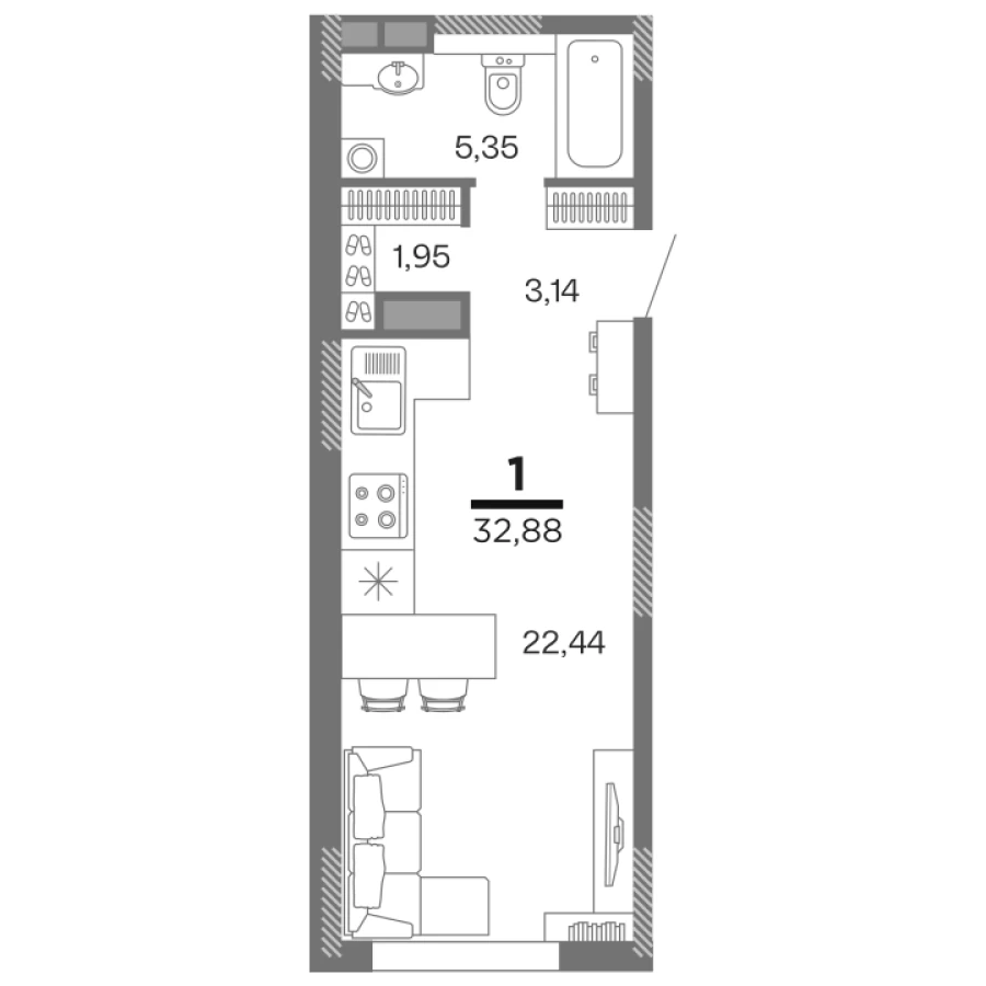 1-ая квартира  32,88 м2 с планировкой улучшенного типа и благоустроенной территорией